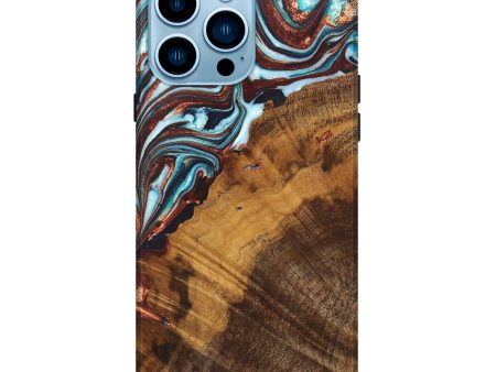 iPhone 14 Pro Max Wood+Resin Live Edge Phone Case - Rudy (Teal & Gold, 670836) Sale