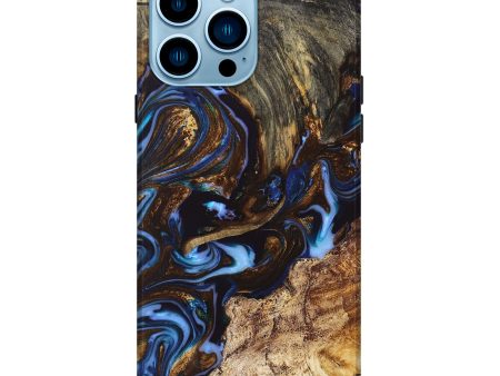 iPhone 14 Pro Max Wood+Resin Live Edge Phone Case - Brooke (Teal & Gold, 668097) For Sale