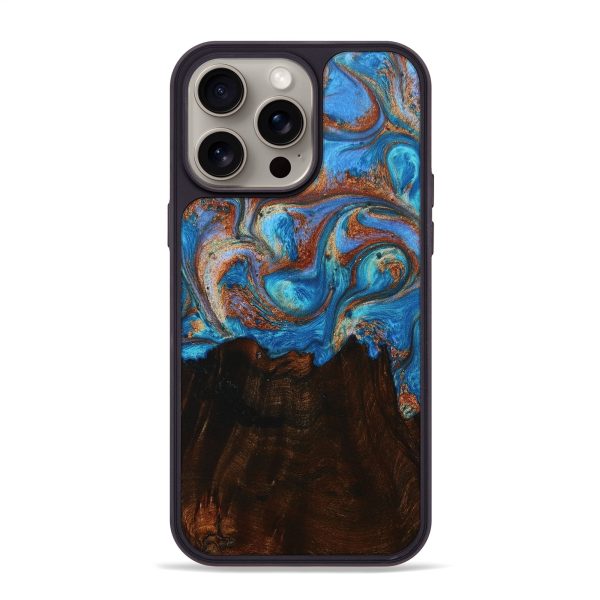 iPhone 15 Pro Max Wood+Resin Phone Case - Kierra (Teal & Gold, 667506) Hot on Sale