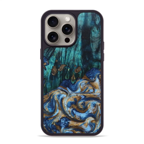 iPhone 15 Pro Max Wood+Resin Phone Case - Harrison (Teal & Gold, 669825) Online