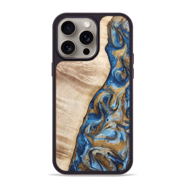 iPhone 15 Pro Max Wood+Resin Phone Case - Addie (Teal & Gold, 669686) For Discount