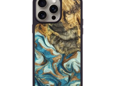 iPhone 15 Pro Max Wood+Resin Phone Case - Kristopher (Teal & Gold, 670319) Cheap