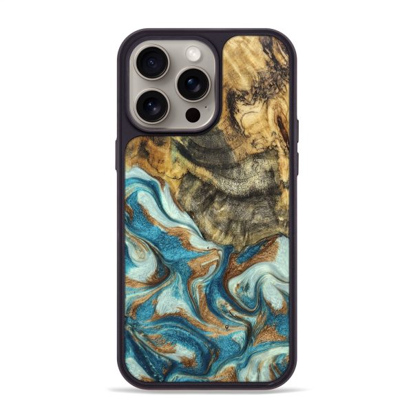 iPhone 15 Pro Max Wood+Resin Phone Case - Kristopher (Teal & Gold, 670319) Cheap