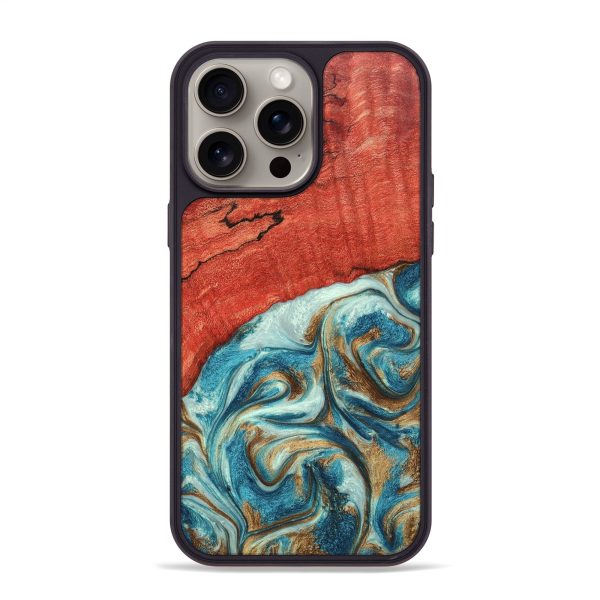 iPhone 15 Pro Max Wood+Resin Phone Case - Maureen (Teal & Gold, 670318) Cheap