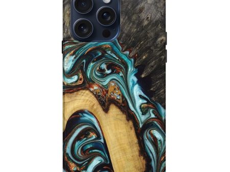 iPhone 15 Pro Max Wood+Resin Live Edge Phone Case - Tami (Teal & Gold, 668536) For Discount