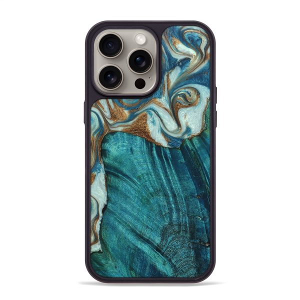 iPhone 15 Pro Max Wood+Resin Phone Case - Monique (Teal & Gold, 670308) Sale