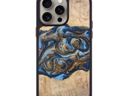 iPhone 15 Pro Max Wood+Resin Phone Case - Audrina (Teal & Gold, 669824) For Cheap