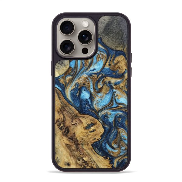 iPhone 15 Pro Max Wood+Resin Phone Case - Catherine (Teal & Gold, 670126) For Discount