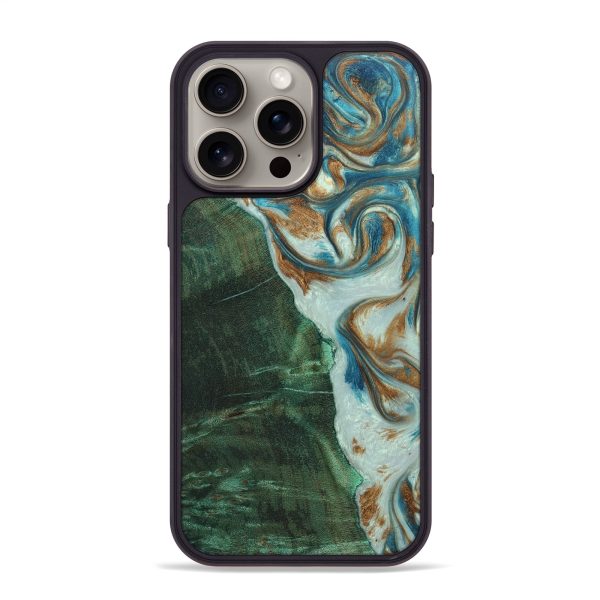 iPhone 15 Pro Max Wood+Resin Phone Case - Sean (Teal & Gold, 670323) Discount