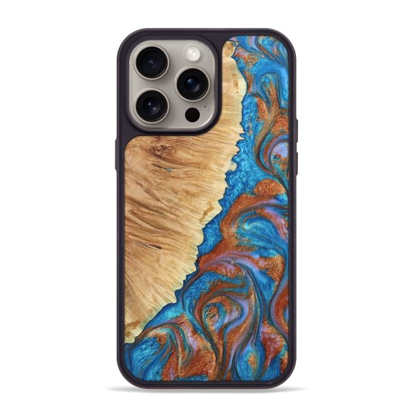 iPhone 15 Pro Max Wood+Resin Phone Case - Alessandra (Teal & Gold, 666616) Sale