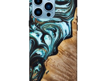 iPhone 14 Pro Max Wood+Resin Live Edge Phone Case - Patty (Teal & Gold, 669090) Sale