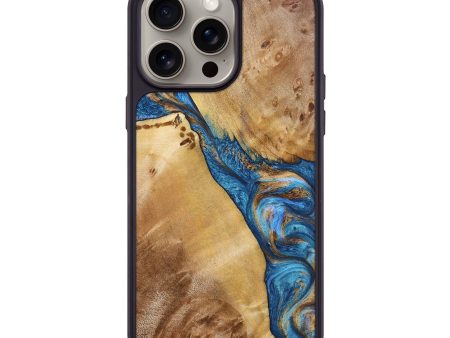 iPhone 15 Pro Max Wood+Resin Phone Case - Joseph (Teal & Gold, 666608) on Sale