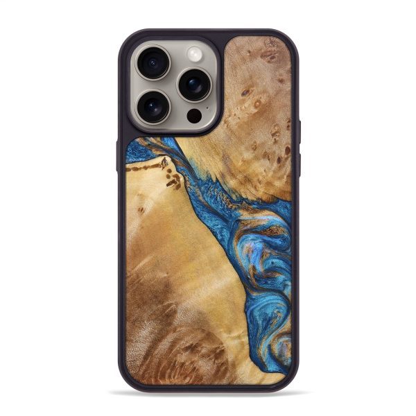 iPhone 15 Pro Max Wood+Resin Phone Case - Joseph (Teal & Gold, 666608) on Sale