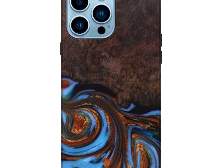 iPhone 14 Pro Max Wood+Resin Live Edge Phone Case - Lindsay (Teal & Gold, 671444) Supply