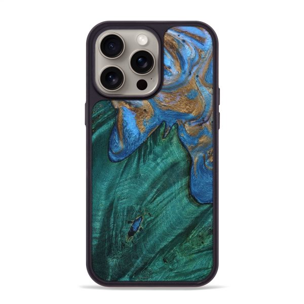 iPhone 15 Pro Max Wood+Resin Phone Case - Dorothea (Teal & Gold, 666830) Online now