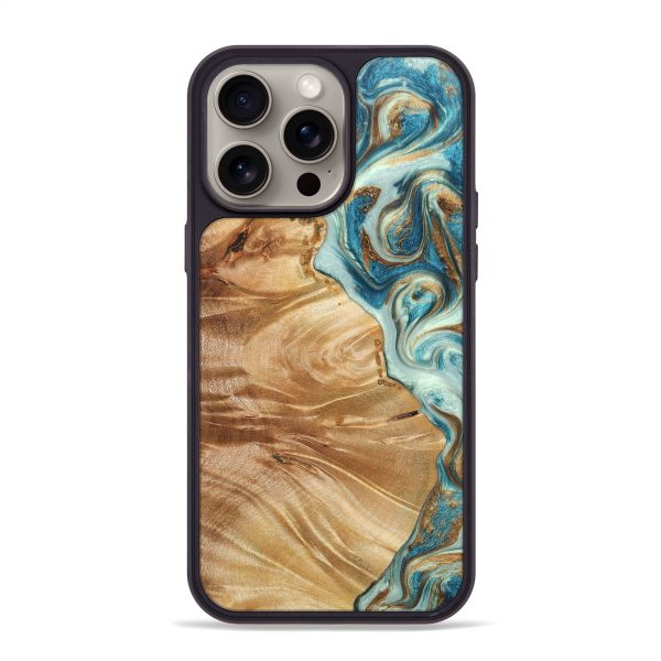 iPhone 15 Pro Max Wood+Resin Phone Case - Alayah (Teal & Gold, 670321) Online Sale