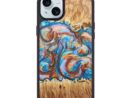 iPhone 15 Plus Wood+Resin Phone Case - Destiny (Teal & Gold, 666609) on Sale