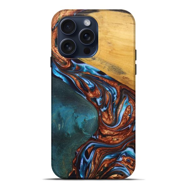 iPhone 15 Pro Max Wood+Resin Live Edge Phone Case - Robin (Teal & Gold, 669794) Online Hot Sale