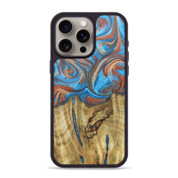 iPhone 15 Pro Max Wood+Resin Phone Case - Serena (Teal & Gold, 671336) Sale