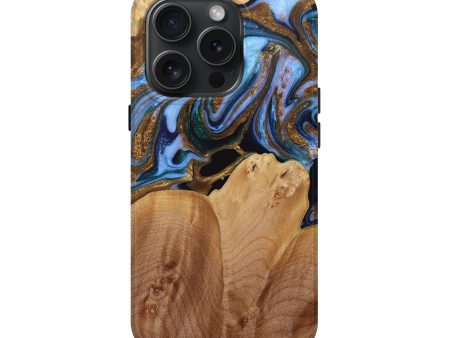 iPhone 15 Pro Wood+Resin Live Edge Phone Case - Ana (Teal & Gold, 667556) Hot on Sale