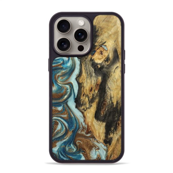 iPhone 15 Pro Max Wood+Resin Phone Case - Sylvester (Teal & Gold, 670310) Discount