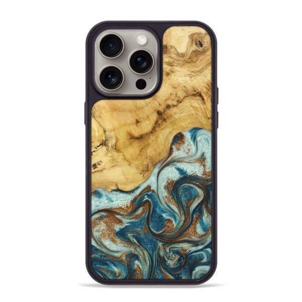 iPhone 15 Pro Max Wood+Resin Phone Case - Laurie (Teal & Gold, 670316) Fashion