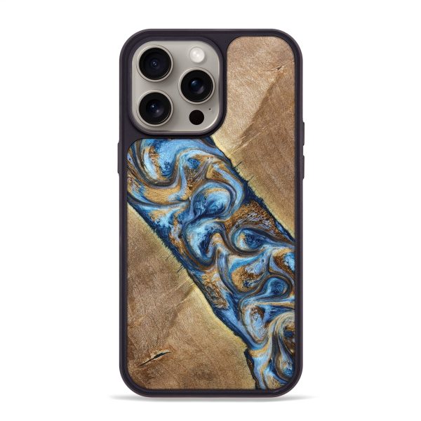 iPhone 15 Pro Max Wood+Resin Phone Case - Hallie (Teal & Gold, 669826) Supply