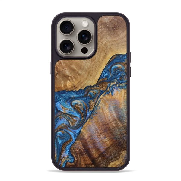 iPhone 15 Pro Max Wood+Resin Phone Case - Phoenix (Teal & Gold, 666619) Sale