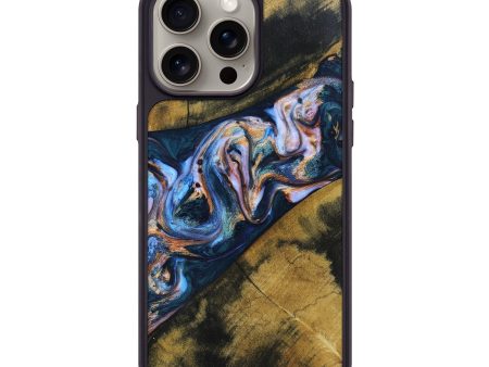 iPhone 15 Pro Max Wood+Resin Phone Case - Andy (Teal & Gold, 668129) For Sale