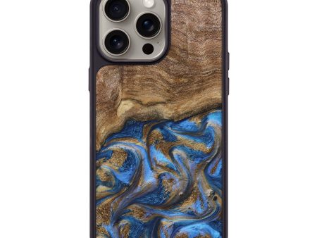 iPhone 15 Pro Max Wood+Resin Phone Case - Eddie (Teal & Gold, 668777) For Cheap