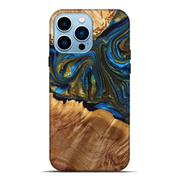 iPhone 14 Pro Max Wood+Resin Live Edge Phone Case - Haylee (Teal & Gold, 667121) For Sale