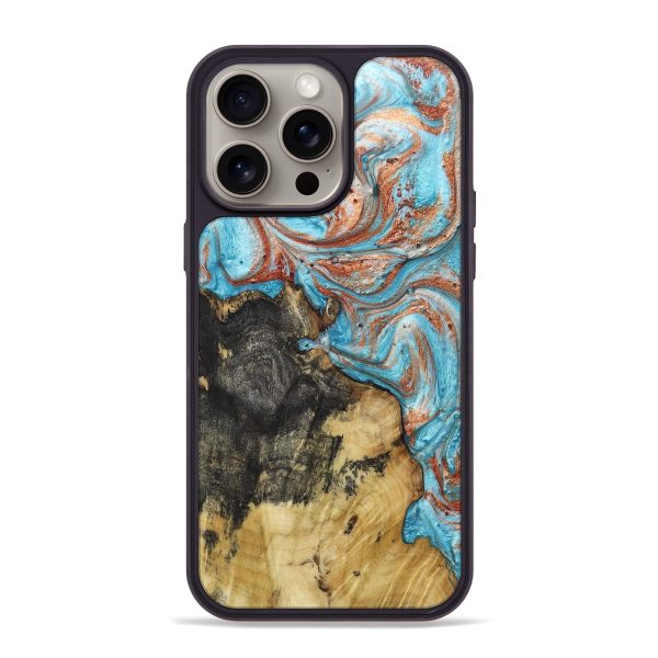 iPhone 15 Pro Max Wood+Resin Phone Case - Lester (Teal & Gold, 666377) Cheap