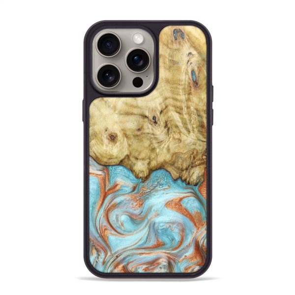 iPhone 15 Pro Max Wood+Resin Phone Case - Marlee (Teal & Gold, 668348) Sale