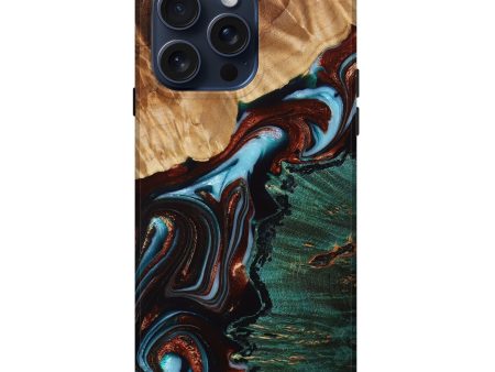 iPhone 15 Pro Max Wood+Resin Live Edge Phone Case - Alton (Teal & Gold, 667284) Cheap