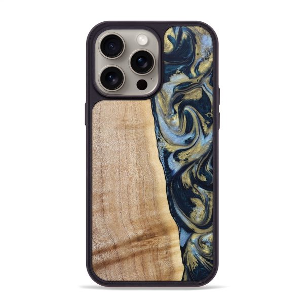 iPhone 15 Pro Max Wood+Resin Phone Case - Sheila (Teal & Gold, 668806) For Discount