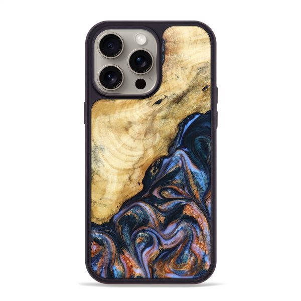 iPhone 15 Pro Max Wood+Resin Phone Case - Aitana (Teal & Gold, 668141) For Cheap