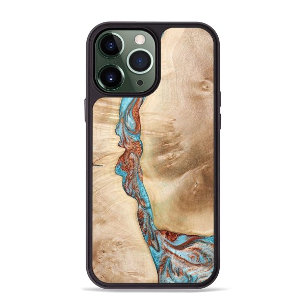 iPhone 13 Pro Max Wood+Resin Phone Case - Phyllis (Teal & Gold, 666384) For Cheap