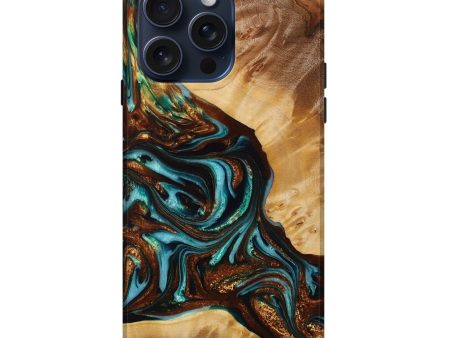 iPhone 15 Pro Max Wood+Resin Live Edge Phone Case - Todd (Teal & Gold, 667299) Online Sale