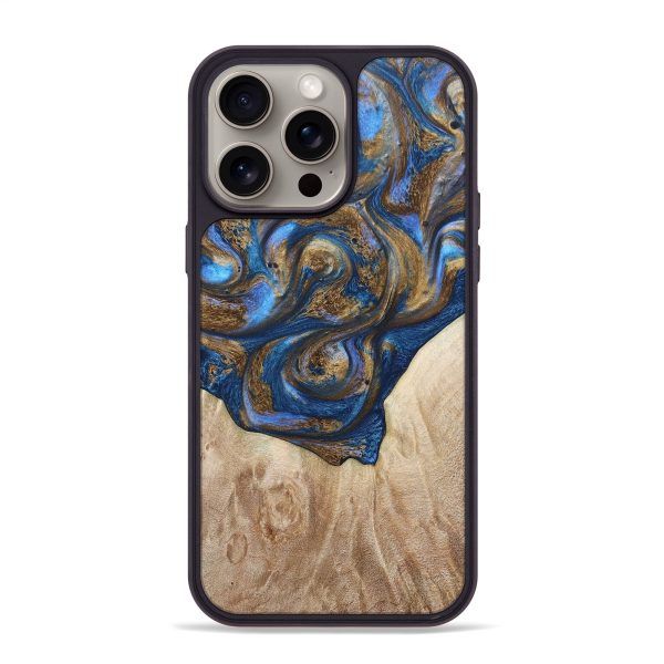 iPhone 15 Pro Max Wood+Resin Phone Case - Remington (Teal & Gold, 668783) Sale