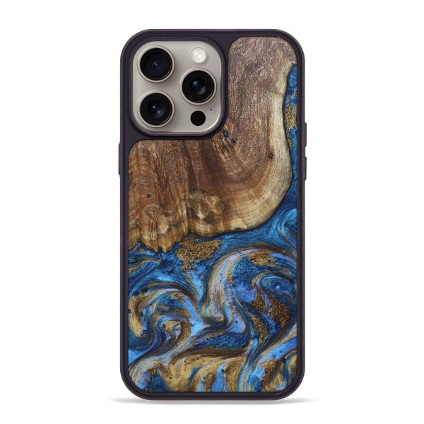 iPhone 15 Pro Max Wood+Resin Phone Case - Sheryl (Teal & Gold, 668774) Discount