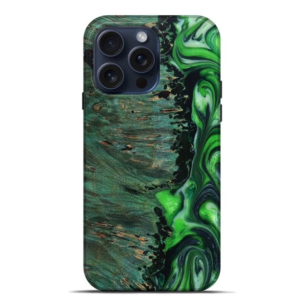 iPhone 15 Pro Max Wood+Resin Live Edge Phone Case - Shaun (Teal & Gold, 667301) on Sale